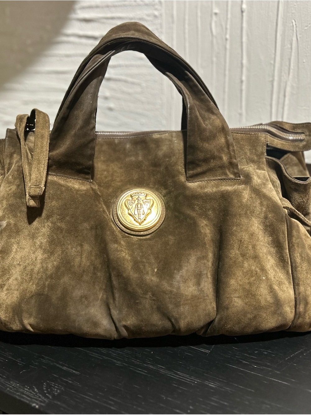 Gucci Hysteria Large Brown Olive Suede Tote Bag Gold Crest Vintage Y2K